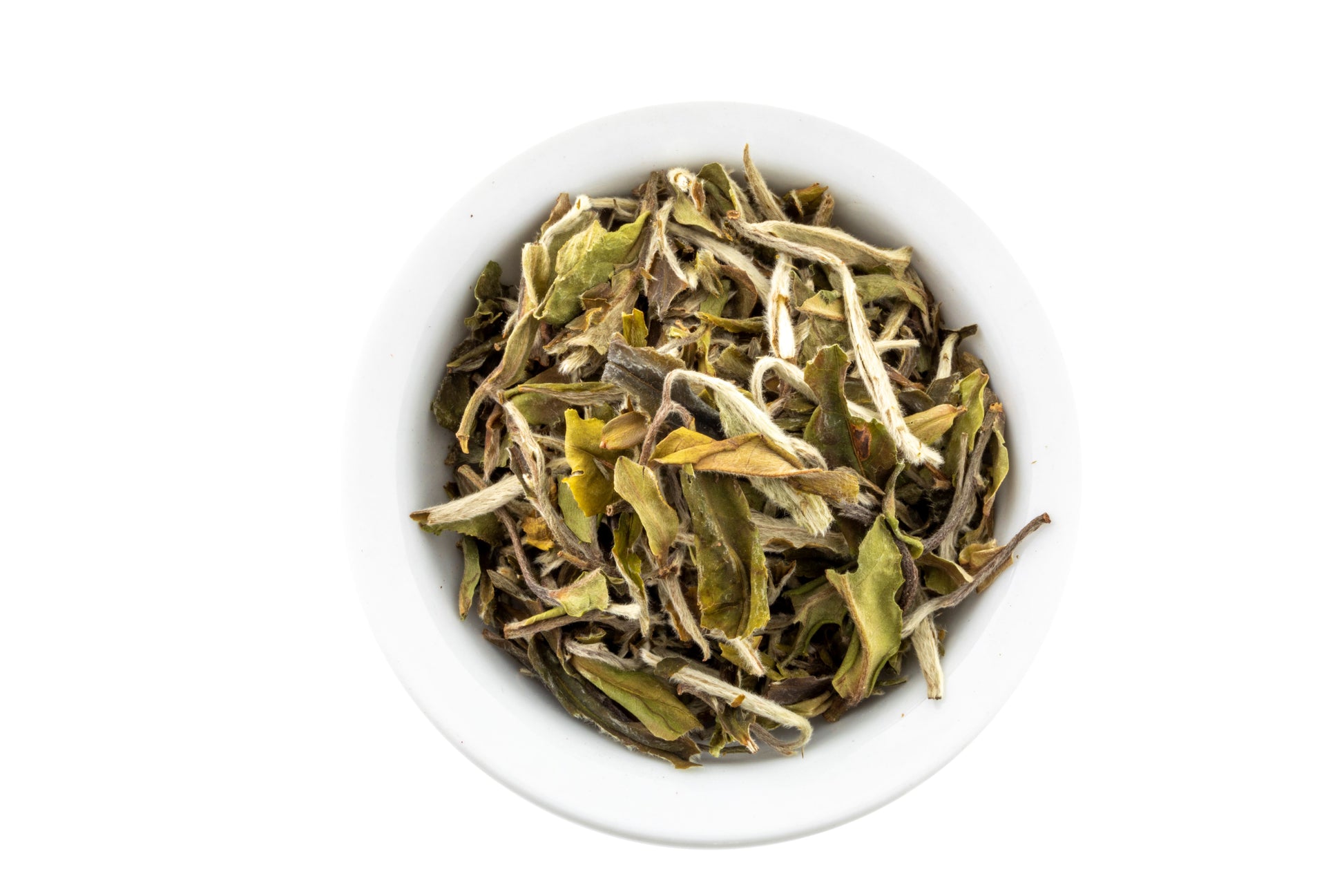 White bowl filled with Bai Mudan white tea on a white background
