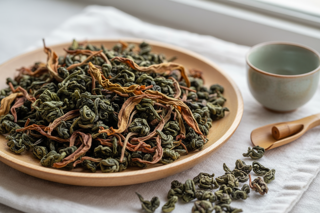 Taiwanese partially oxidized oolong loose leaf tea  displayed on a wooden bowl next to a tea scooper and a tea cup.