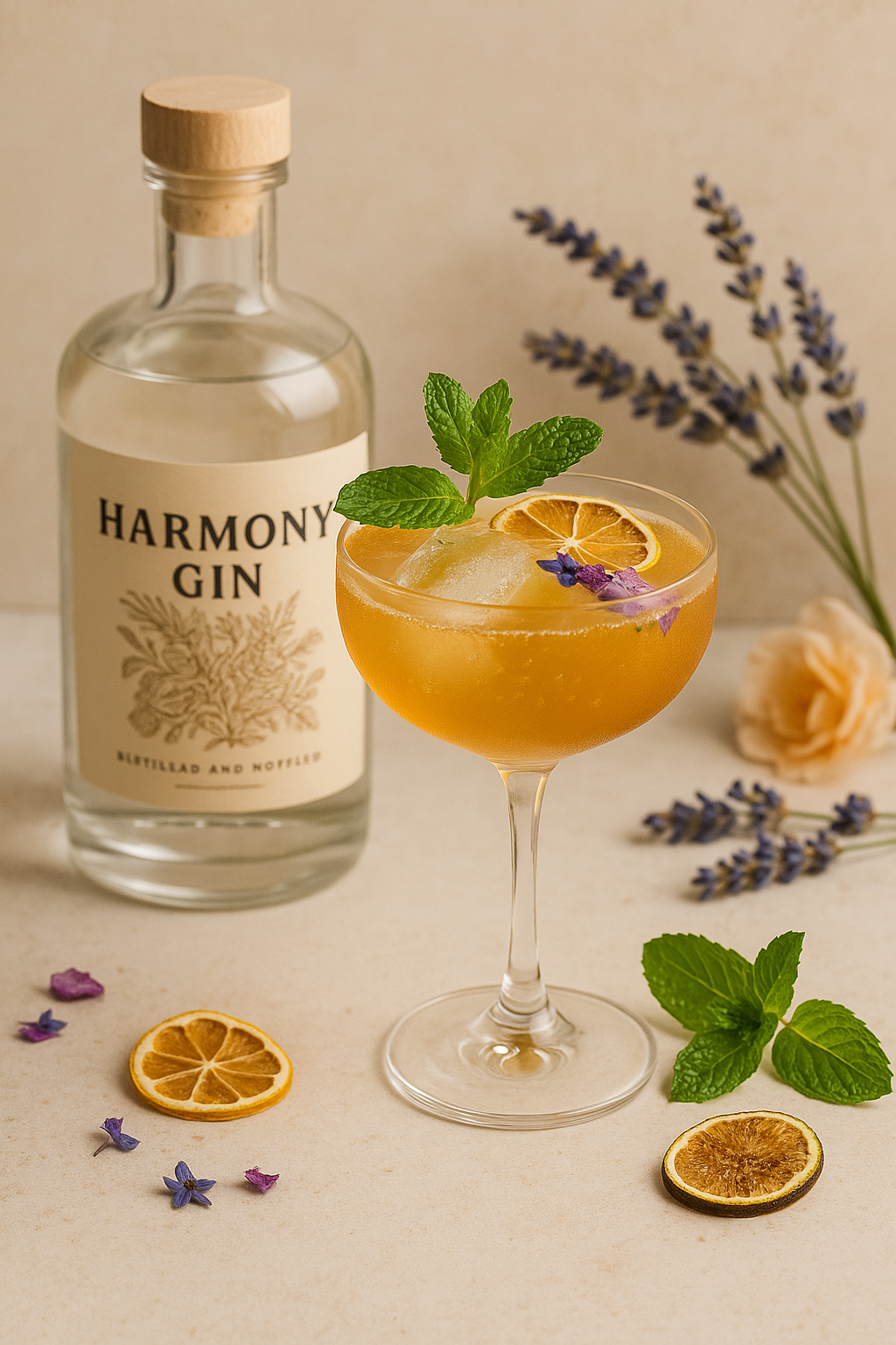 A refined Creole Queen cocktail presented in an elegant coupe glass, featuring a golden botanical infusion garnished with fresh mint, a dehydrated lemon wheel, and delicate edible petals. A bottle of Harmony Gin stands gracefully behind the glass, surrounded by lavender sprigs, soft peach florals, and citrus accents, creating an elevated, globally inspired scene in warm neutral tones