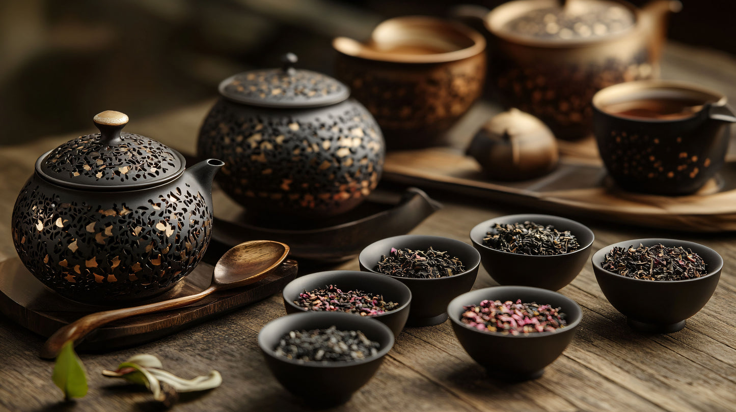 Gongfu Tea-making setup with teapots, bowls of oolong tea leaves, and a cup on a wooden surface.