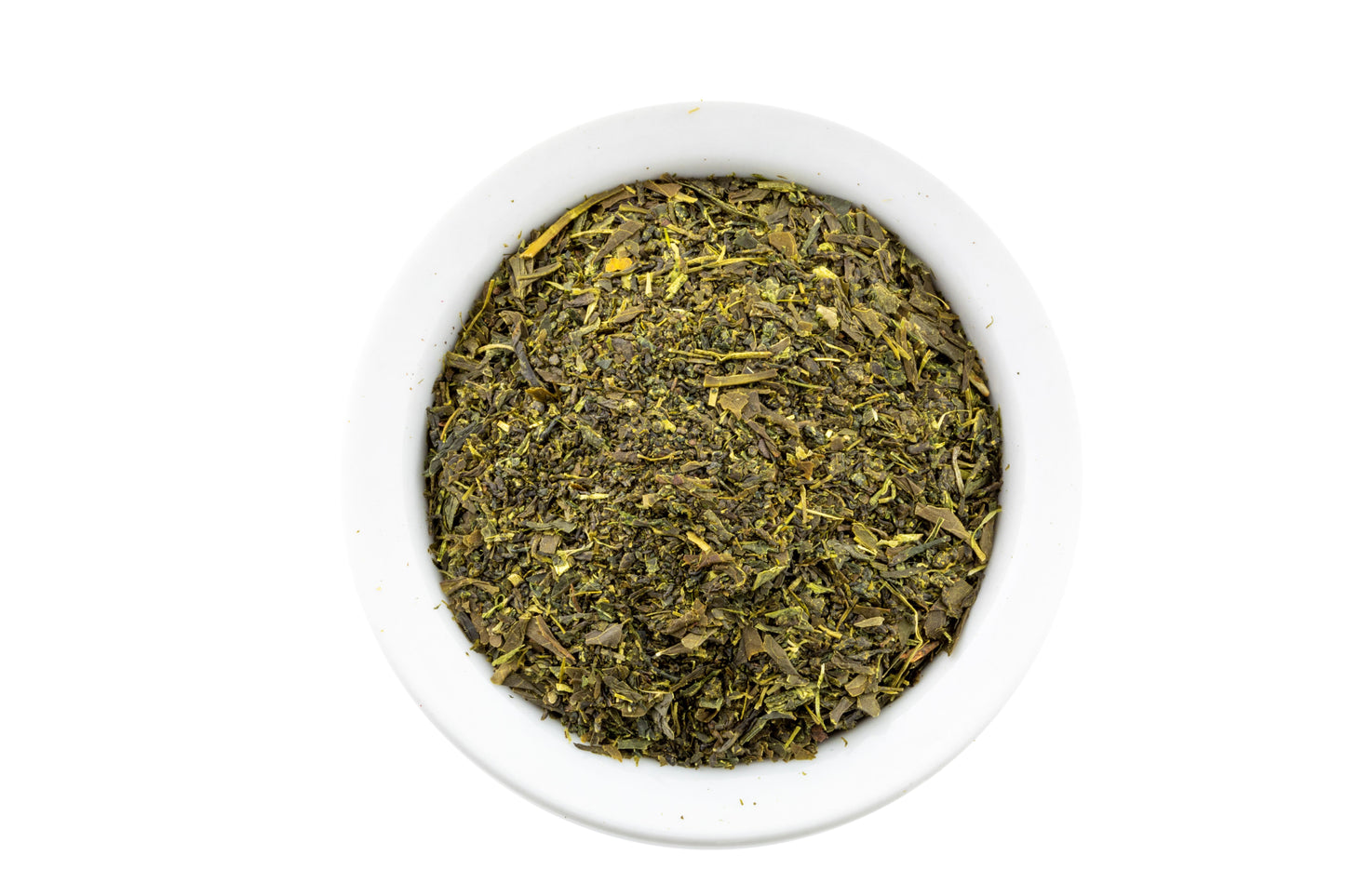 Japanese Green Sencha tea leaves in a white bowl on a white background