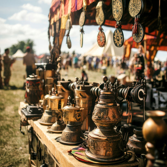 Vintage metal pots and positioned on a wood table at a globally inspired fair.