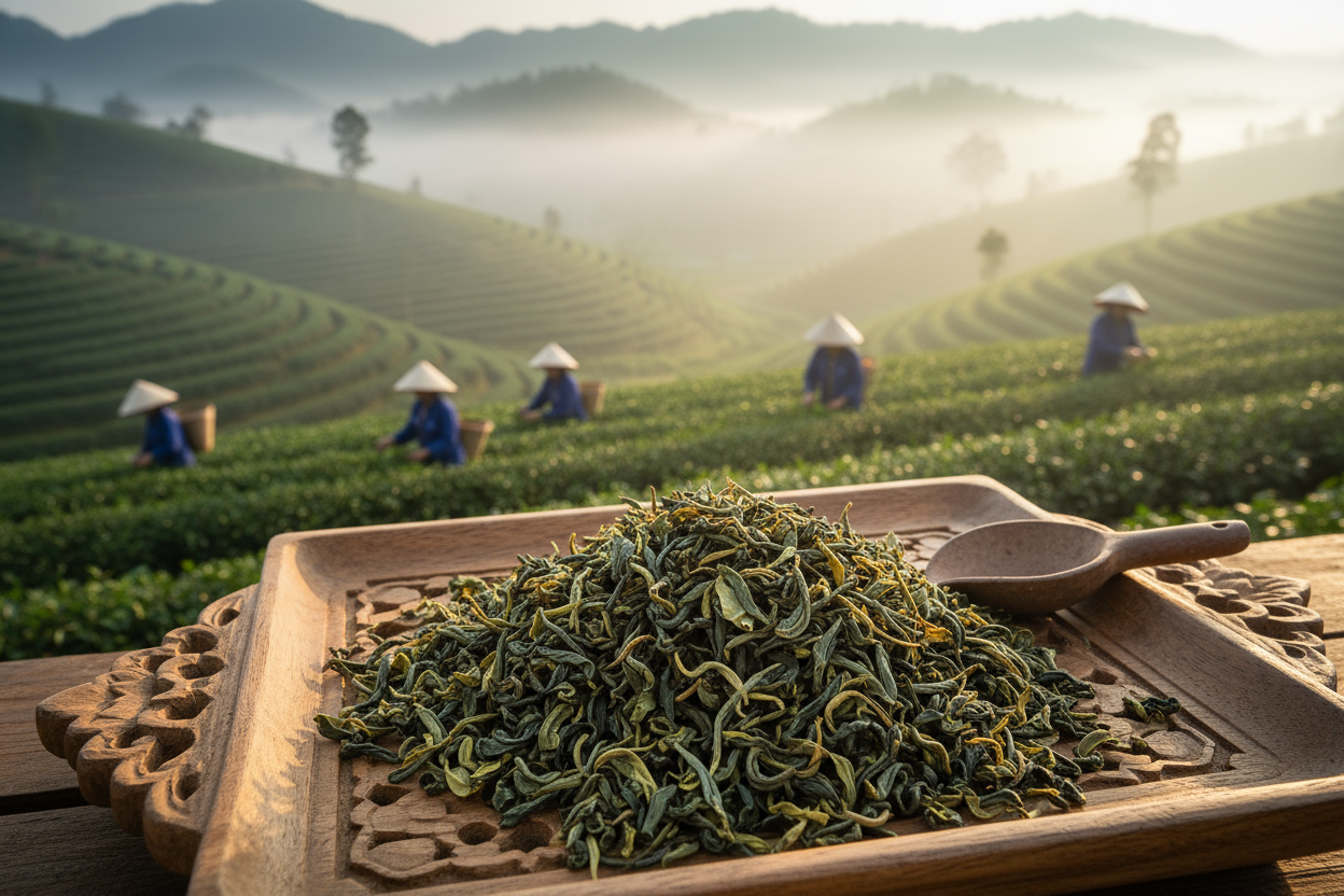 iloose vietnamese oolong tea on a tray with women vietnamese pickers in the background