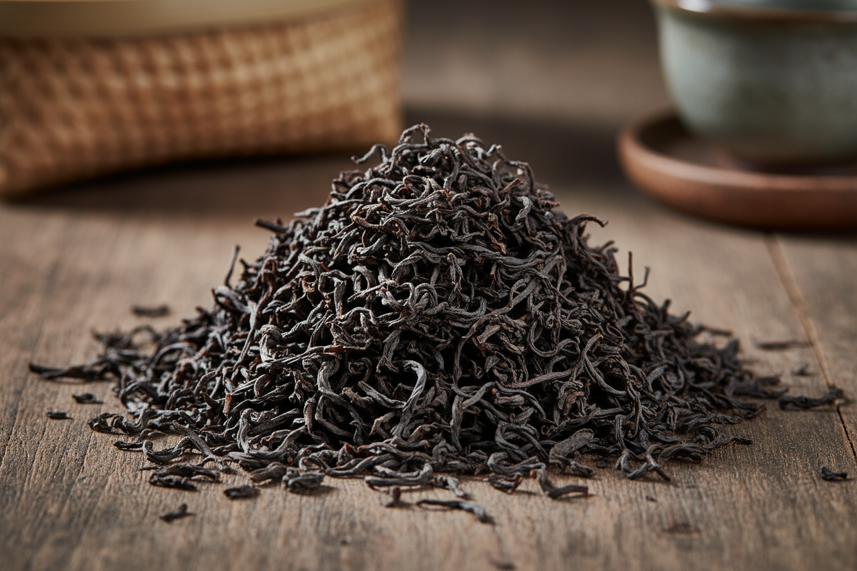 Black tea from Kenya displayed as loose leaf tea on a wood plank