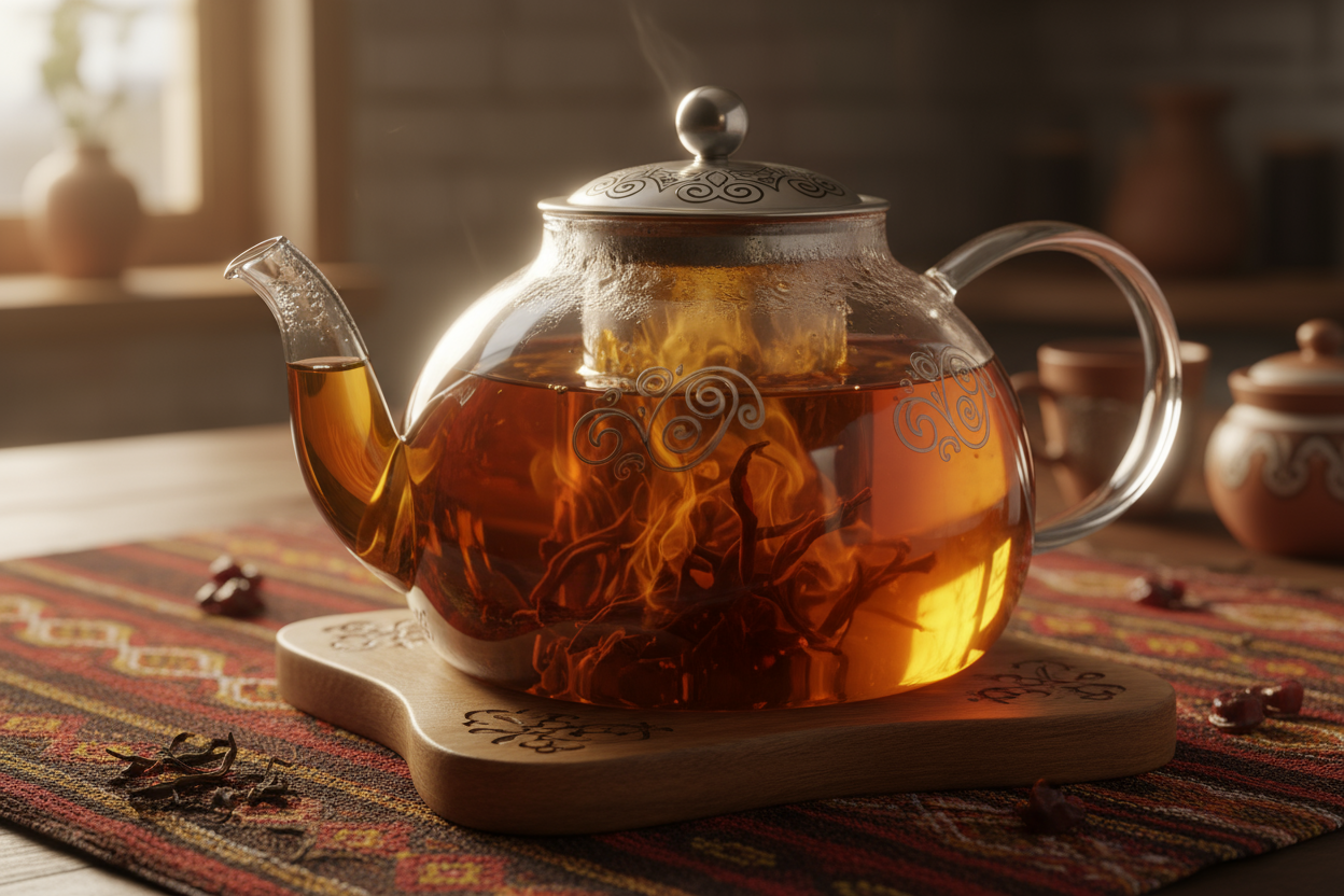 Georgian black breakfast tea steeped in a glass teapot  on a textile inspireod by the Republic of Georgia
