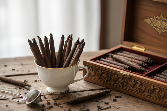 Sri Lankan thinly rolled tea cigars set in a tea cup and some in a tea box