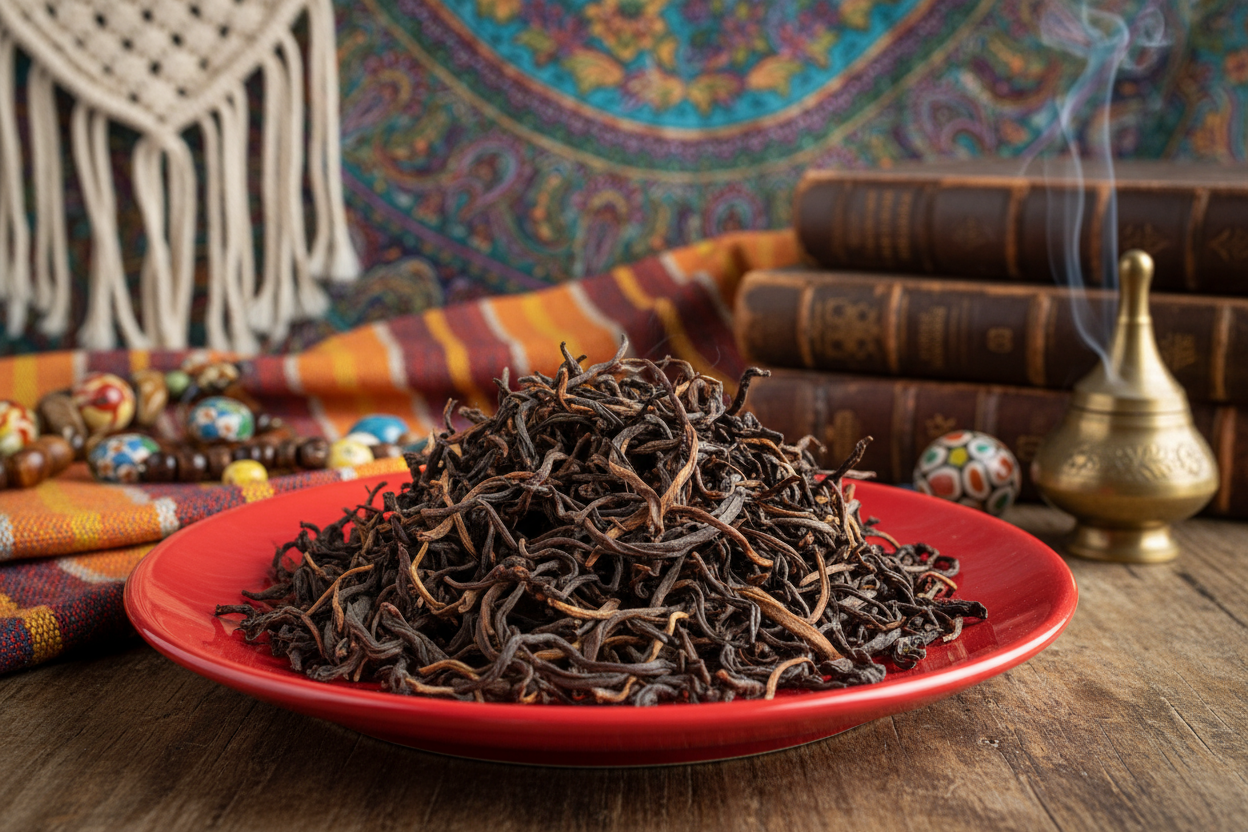 Rich color vietnamese champagne oolong tea leaves on a red plate with an eclectic background