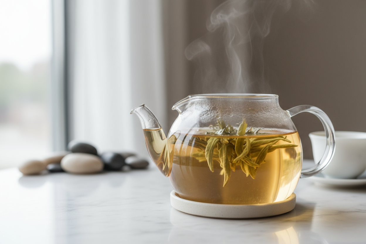 bai mudan steeped in a glass teapot