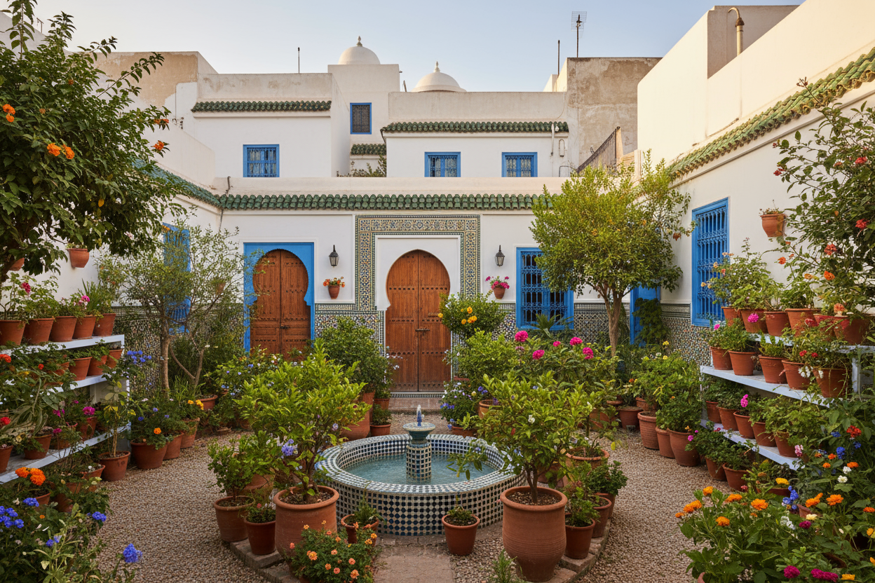 create an image of a very small garden in tangiers with morroccan architecture in the background