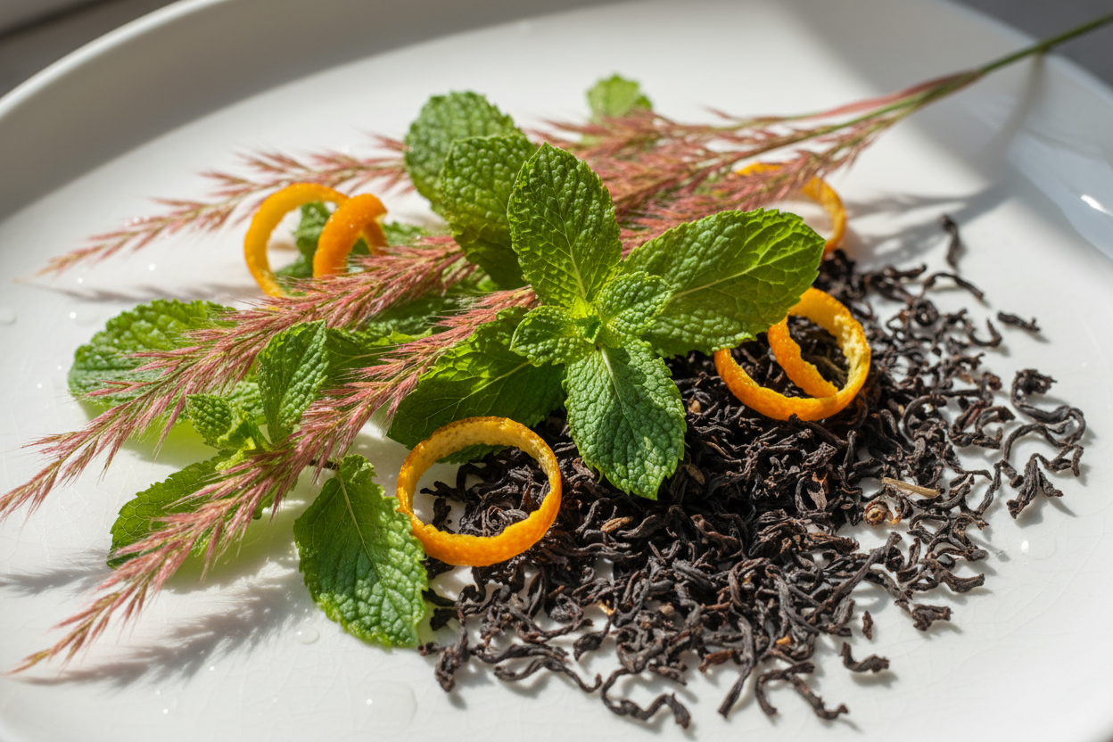 image of palmarosa, spearmint and orange zest to blend with black tea