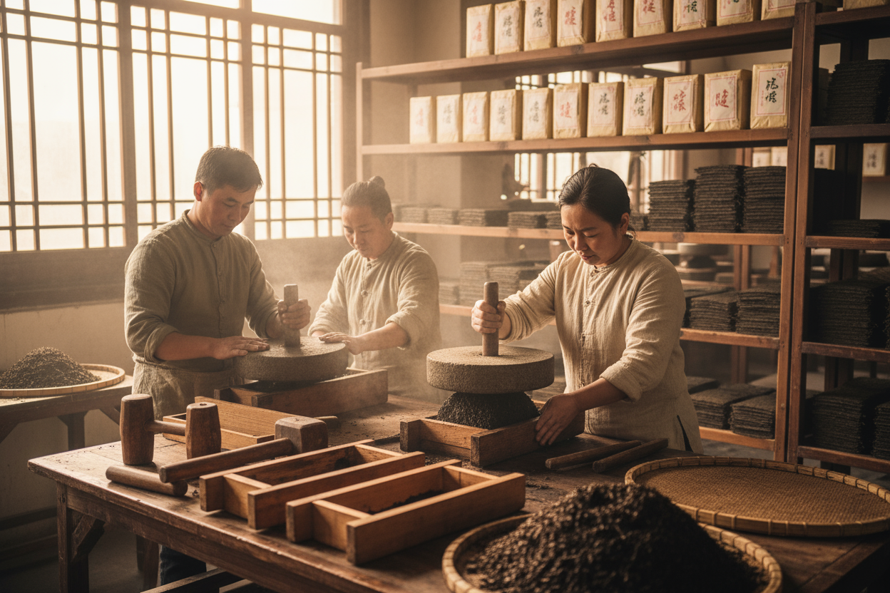 images of producers creating pu'erh tea bricks