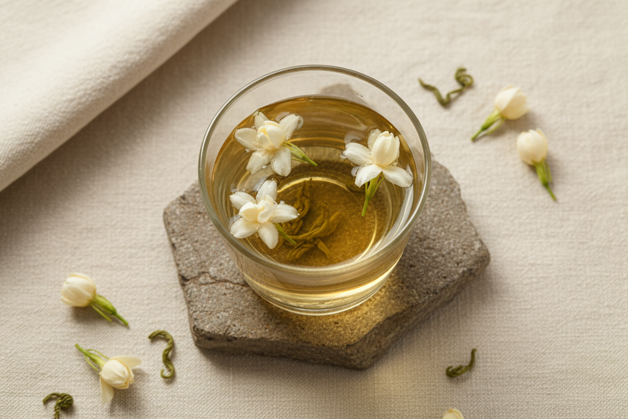 jasmine flower tea unfurled with a flat view in a cup on a textured background