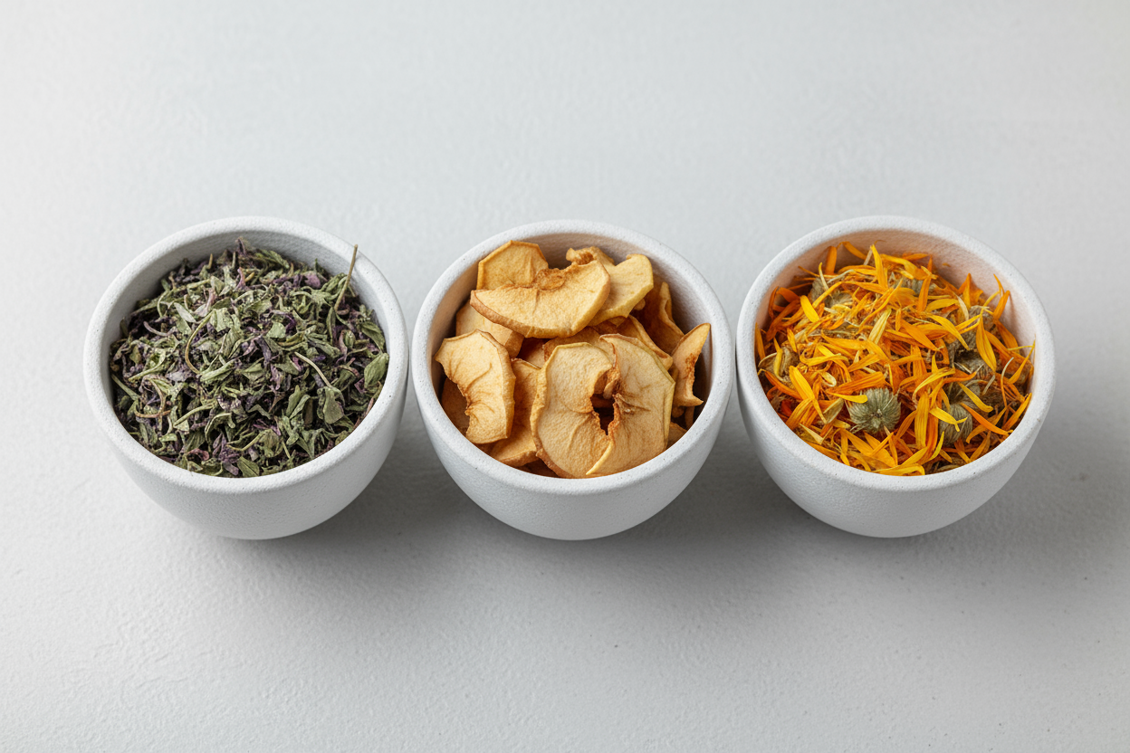 pennyroyal apple calendula each in white cups