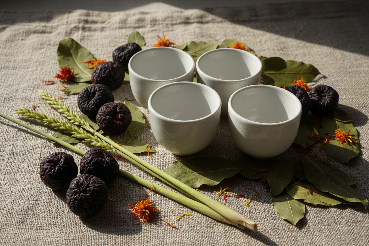 white cups on a textured background with dehydrated figs, patchoulli, lemongreass and safflower