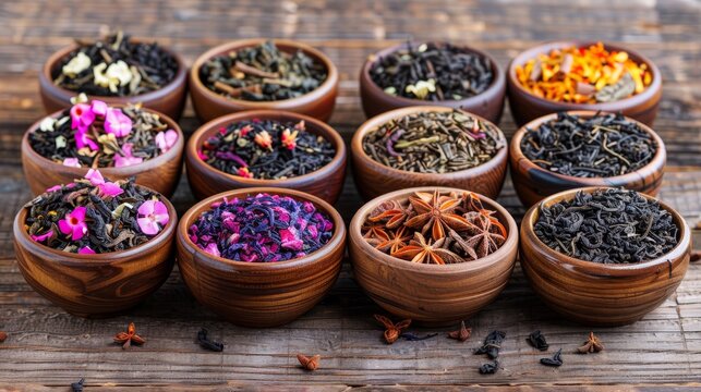 12 cups of various teas and tea blends on a wood table