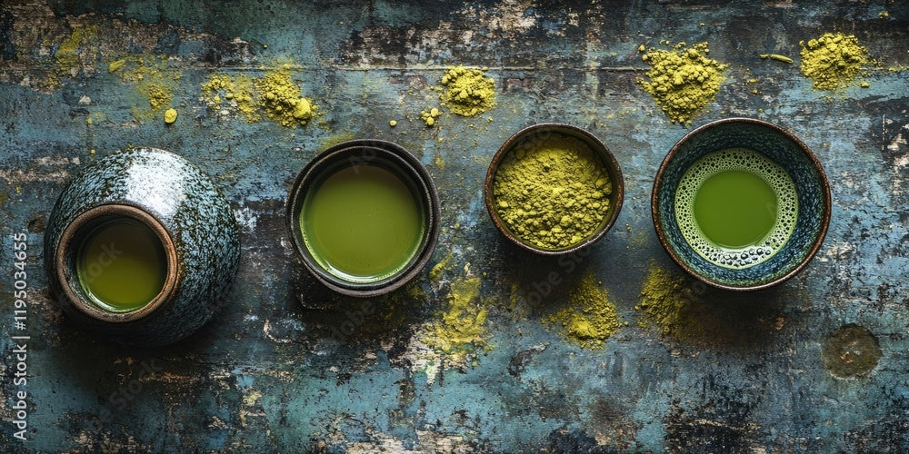 Powdered and Whisked Matcha set on a faded blue background