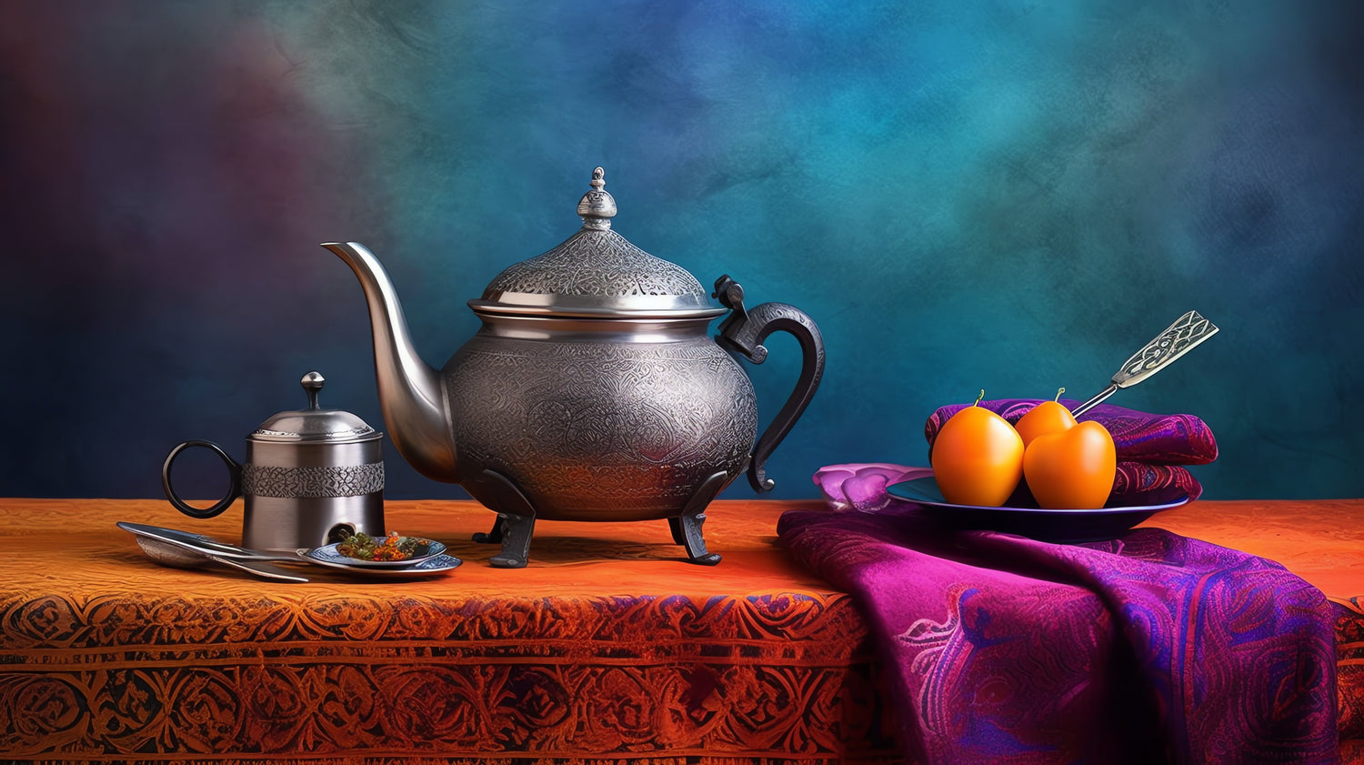 Asian inspired tea pot, tea strainer on a table with burnt orange table cloth. Mediterranean blue background.