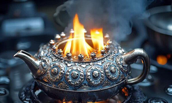 Enjoy rituals of tea globally in an ornamental tea pot with a flame emanating.