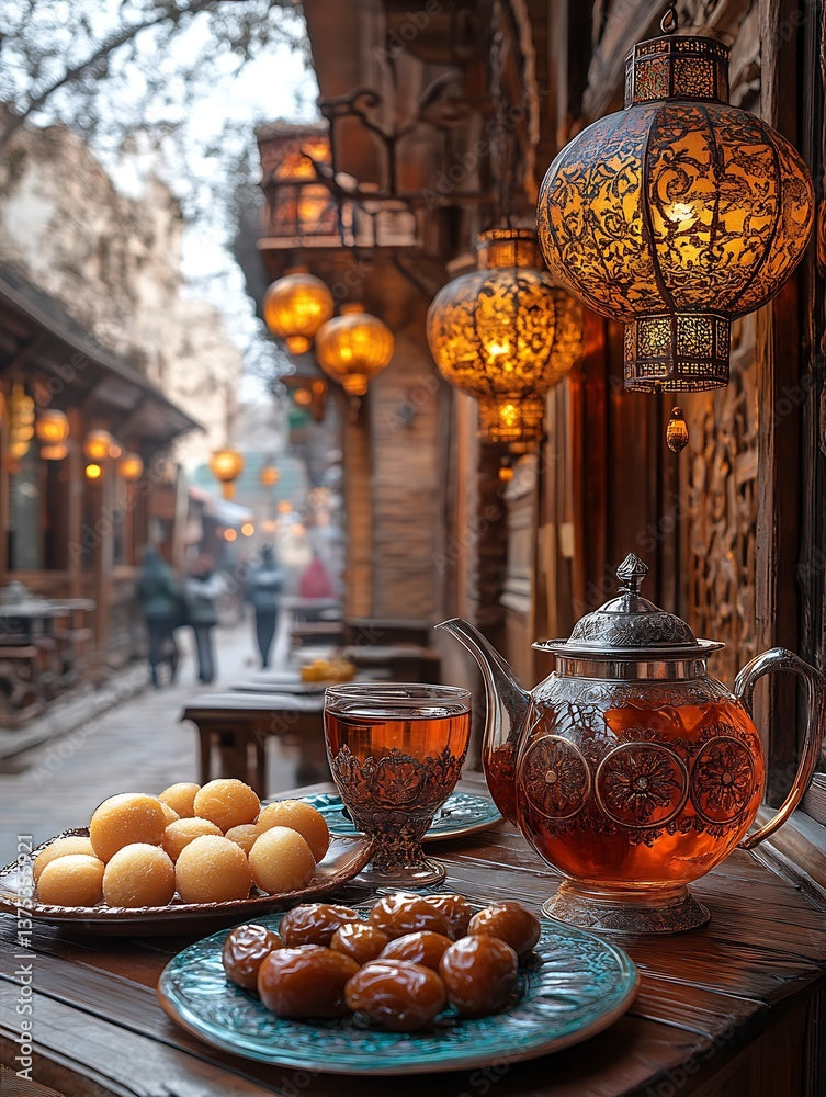 Tea setting in Chinatown, with desserts and black tea