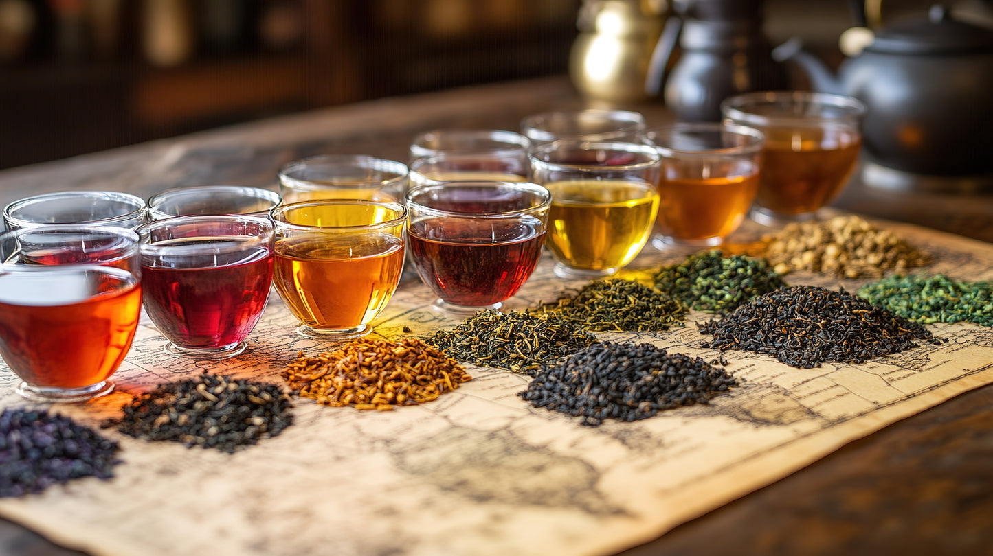 Assorted teas in small cups with different types of tea leaves on a global map.