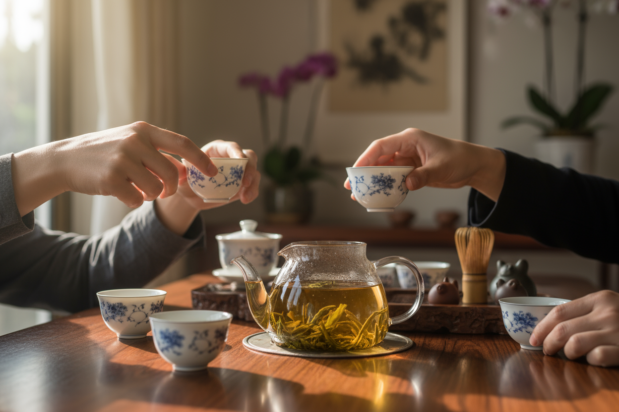 Bai Ho taiwanese oolong steeped in a glass tea post with guests preparing to drink tea