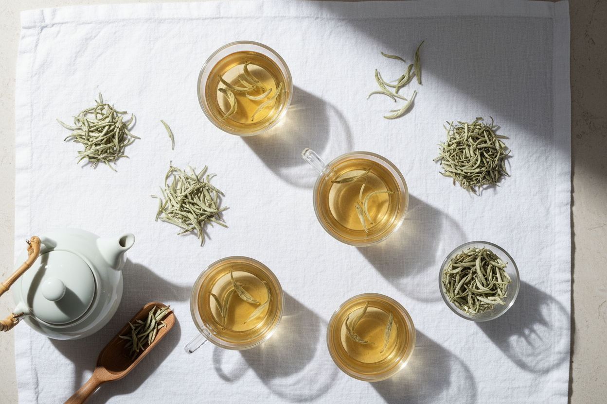 Brewed Vietnamese loose leaf white teas in cups. 