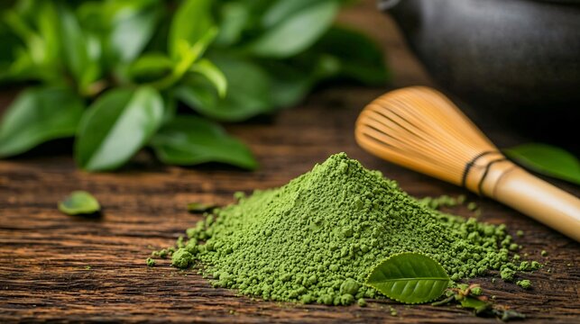Japanese ceremonial matcha powder carefully displayed in rustic kitchen setting, vibrant green color showcasing premium quality