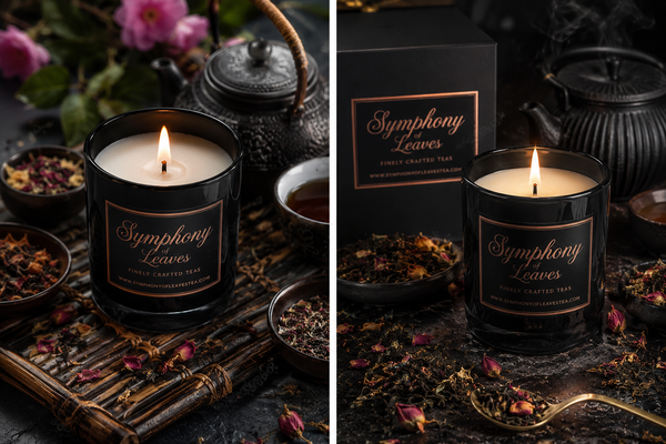 Symphony of Leaves Signature Candle in black glass vessel with rose gold label, styled with loose leaf tea and a cast iron teapot