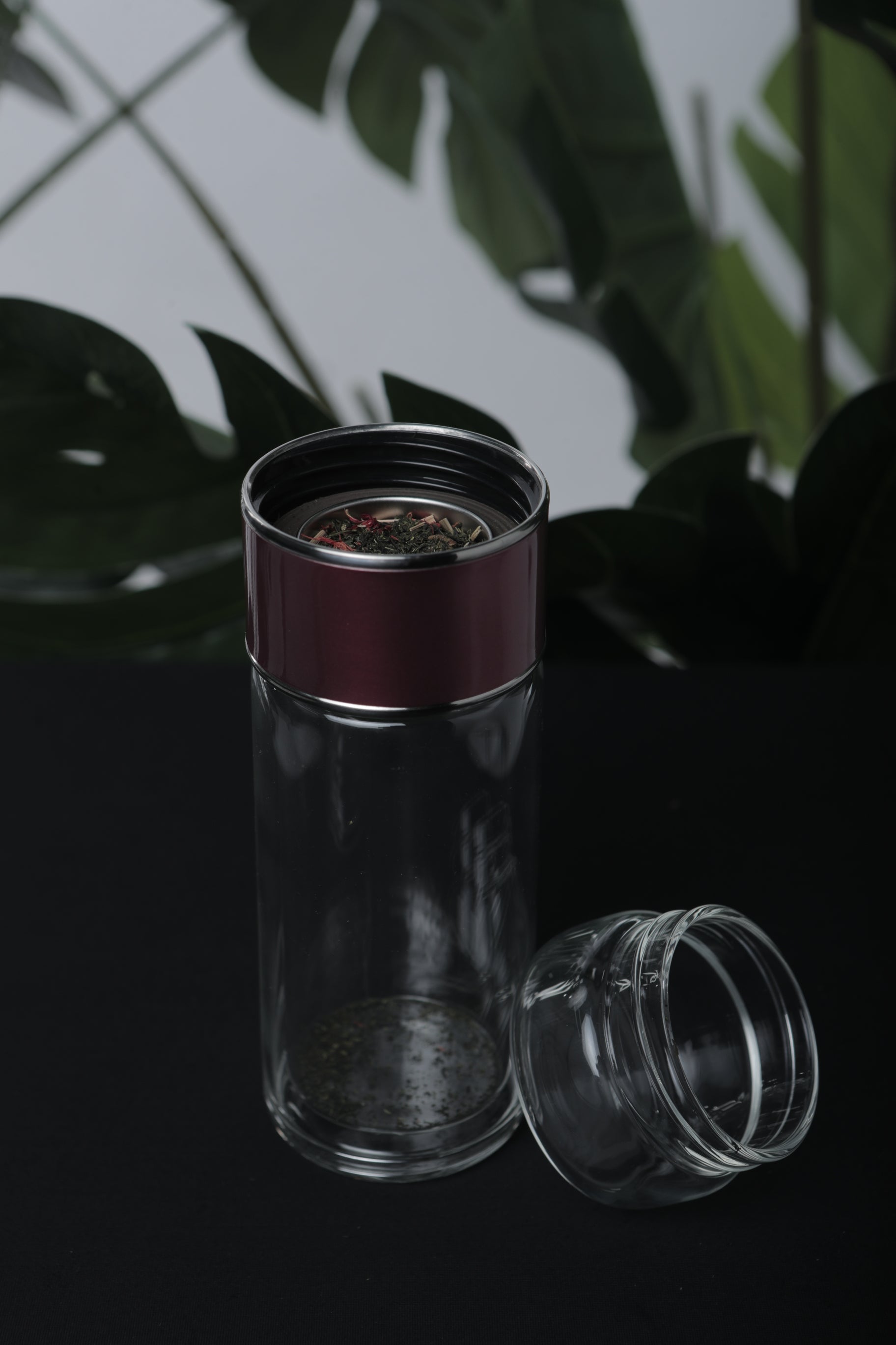 Clear glass container on a black background