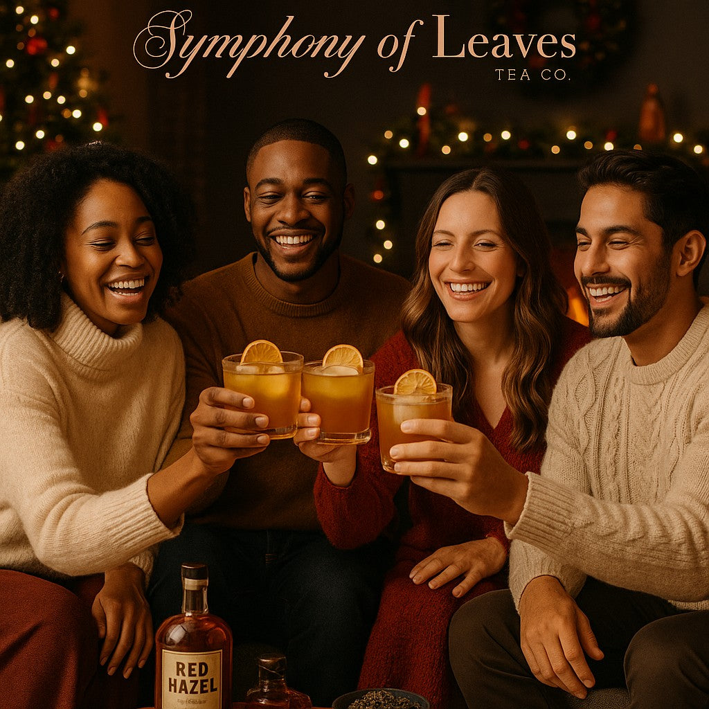 Friends enjoying holiday tea cocktails by the fireplace with Symphony of Leaves Tea Co. logo in a warm, festive setting with a bottle of Red Hazel Whiskey