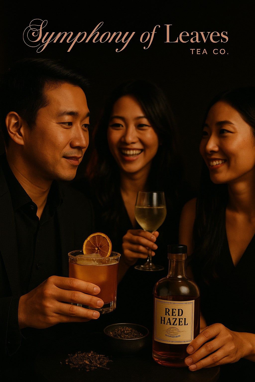 Three people enjoying Golden Hazel Reverie with the Symphony of Leaves Tea Co. logo, image of Golden Time of Day Tea and Red Hazel Whickey bottle.