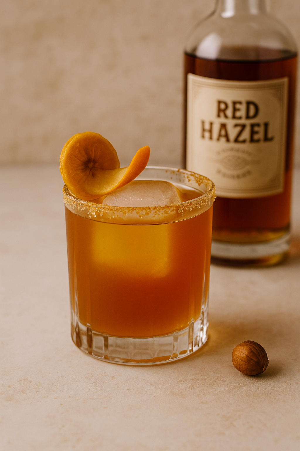 Golden Time of Tea Teatail made with Red Hazel Whiskey served in a cocktail glass with an apricot garnish on a cream colered background.
