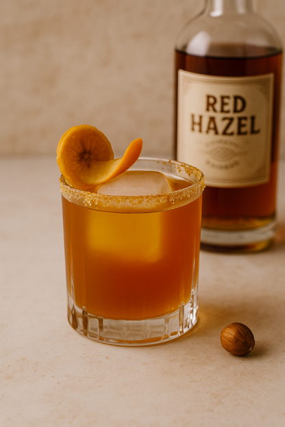 Golden Time of Tea Teatail made with Red Hazel Whiskey served in a cocktail glass with an apricot garnish on a cream colered background.