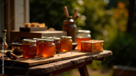 Jars of honey on a wooden table with a blurred natural background