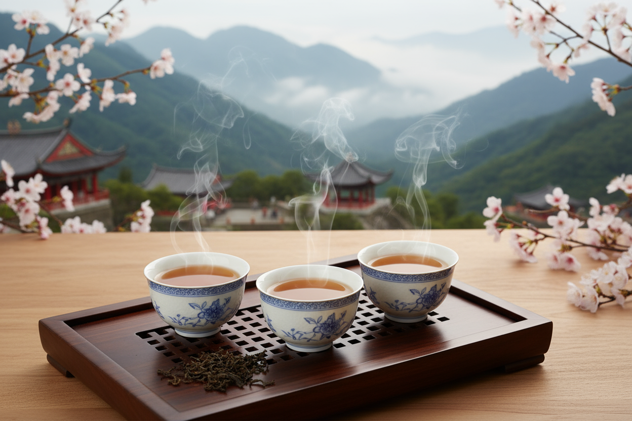 oolong tea from Wuyi in tea cups with taiwanese structures in the  background
