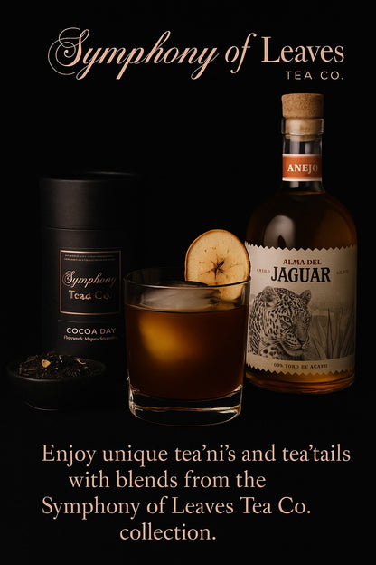 Cocoa Day tea cocktail made with Symphony of Leaves Tea Co. and Alma del Jaguar Añejo tequila on a black background