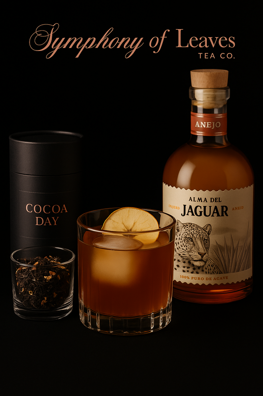 High ball cocktail with Cocoday Tea dna Alma Del Jaguar Tea, with the Symphony of Leaves Tea Co. logo on a black background.
