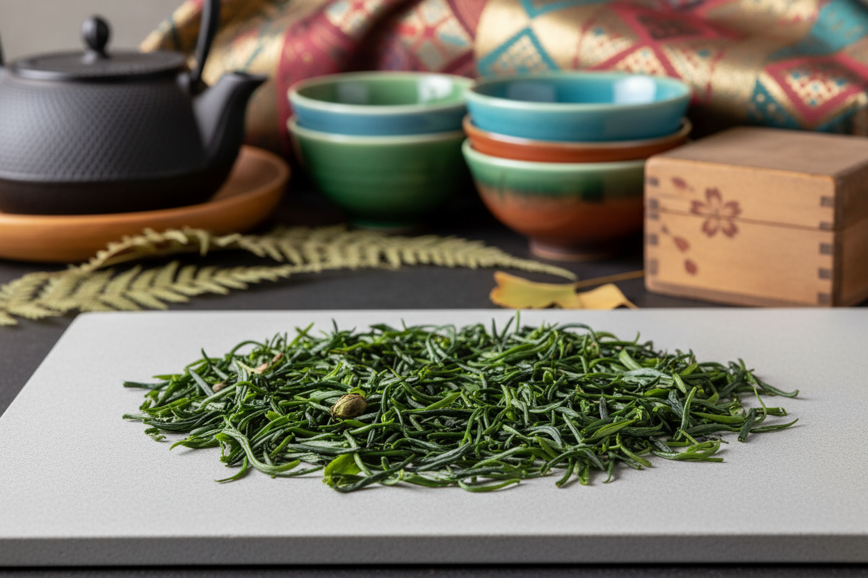 Japanese Gyokuro loose leaf displayed on a light greay board  with a cast iron ea pot and blue, green, orange bowls. wooden box. multi-colored fabric.