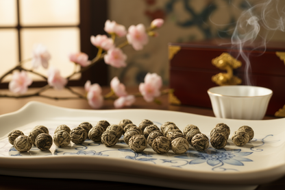Jasmine pearl rolled teas with a pink flower and a crimson box with gold decor in the background.