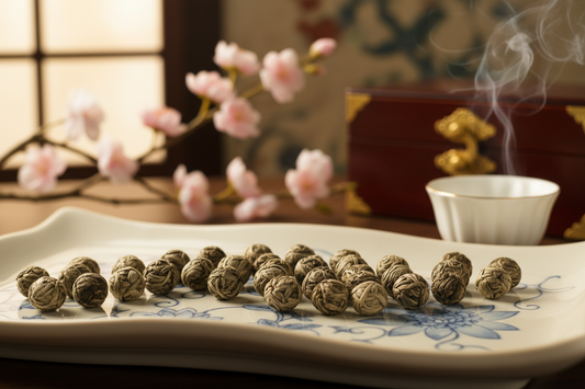 Jasmine pearl rolled teas with a pink flower and a crimson box with gold decor in the background.