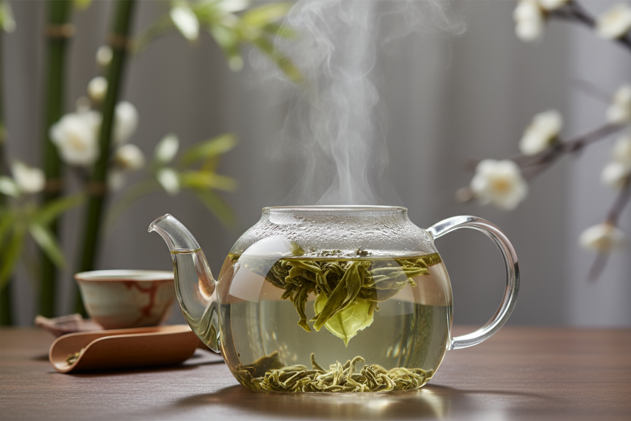 Jasmine Reverie flower unfurling in a glass tea pot. Celedene green color. In the background, ceramic tea cup, scooper, bamboo and delicate white flowers.