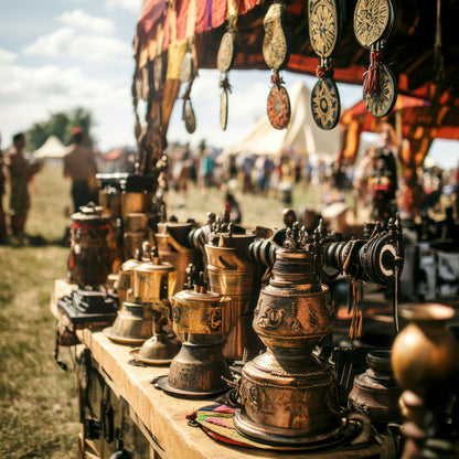 Vintage metal pots and positioned on a wood table at a globally inspired fair.
