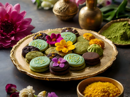 Assorted macaroons on a decorative plate surrounded by flowers and green powdered Malcha in the background.