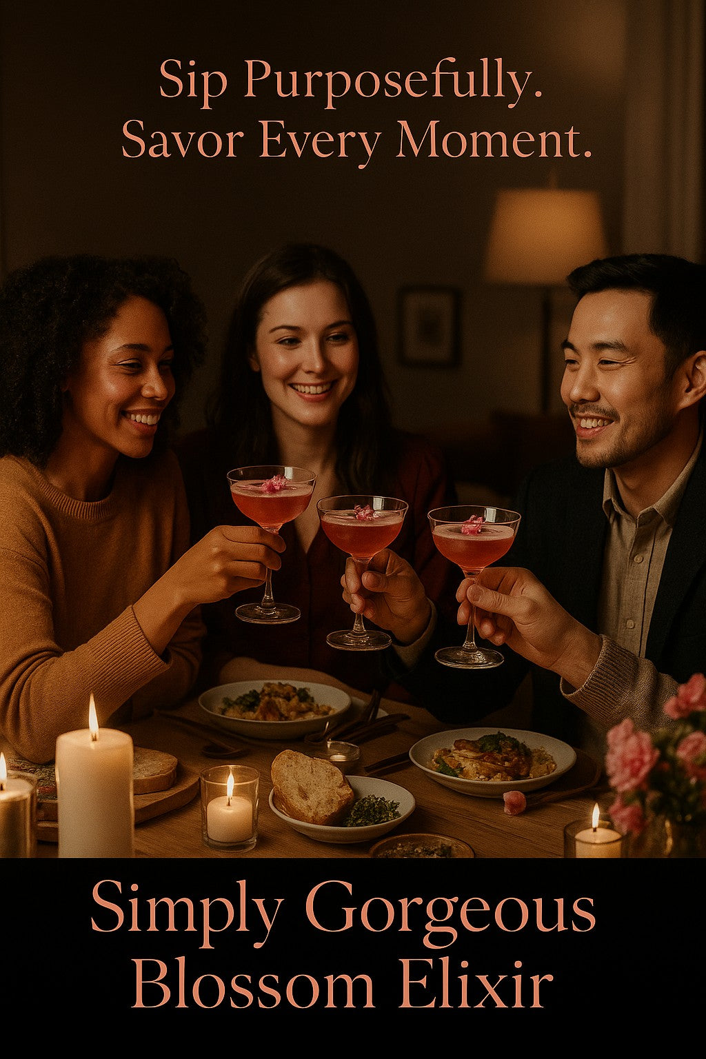 Four people enjoying dinner at a candlelit table, while enjoying Simply Gorgeous Blossom Elixir