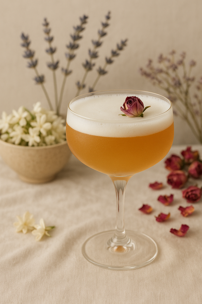An elegant non-alcoholic cocktail crafted with Symphony of Leaves Tea Co.’s Simply Gorgeous blend, presented in a tall coupe glass with a silky foam top and garnished with a single dried rosebud. The drink is surrounded by jasmine blossoms, sprigs of lavender, and scattered dehydrated rose petals, creating a refined, globally inspired botanical tableau in soft neutral tones.