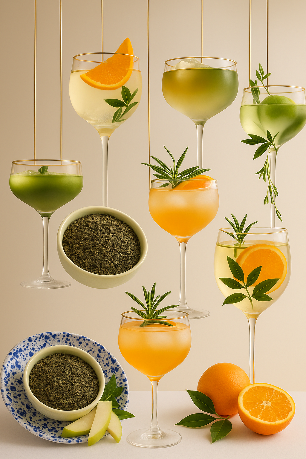 Various iternations of Creole Queen Botanical Royale in glasses suspended from air, with image of oranges and Japanese Sencha Tea.
