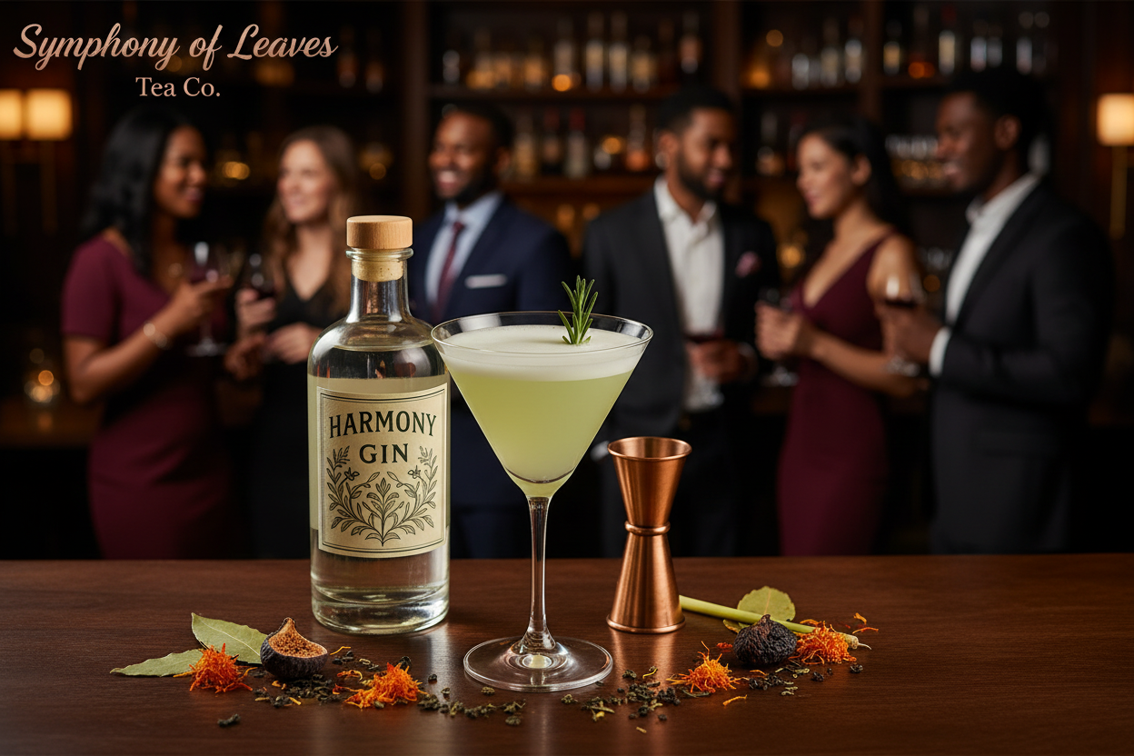 A sleek bottle of Harmony Gin stands illuminated against a matte black backdrop with refined rose-gold accents. The label’s botanical illustration glows softly, while the Symphony of Leaves Tea Co. name appears in graceful rose-gold typography nearby. The overall mood is upscale, modern, and exquisitely polished—perfect for a luxury mixology or tea-cocktail collection