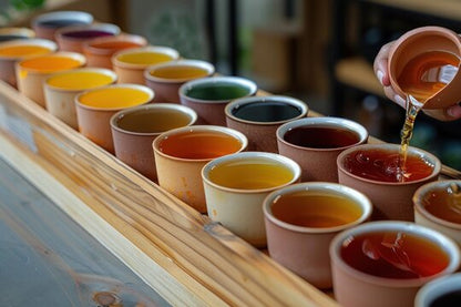 Hand pouring various teas in clay cups in a wood box.