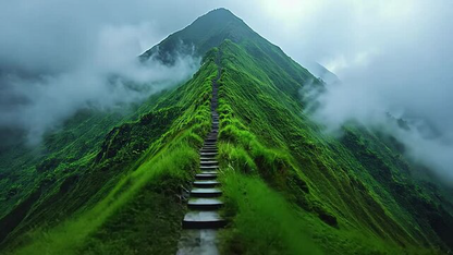 Stairway leading up a green tea mountains shrouded in mist