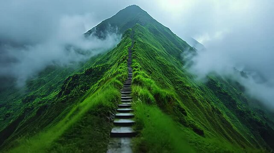 Stairway leading up a green tea mountains shrouded in mist
